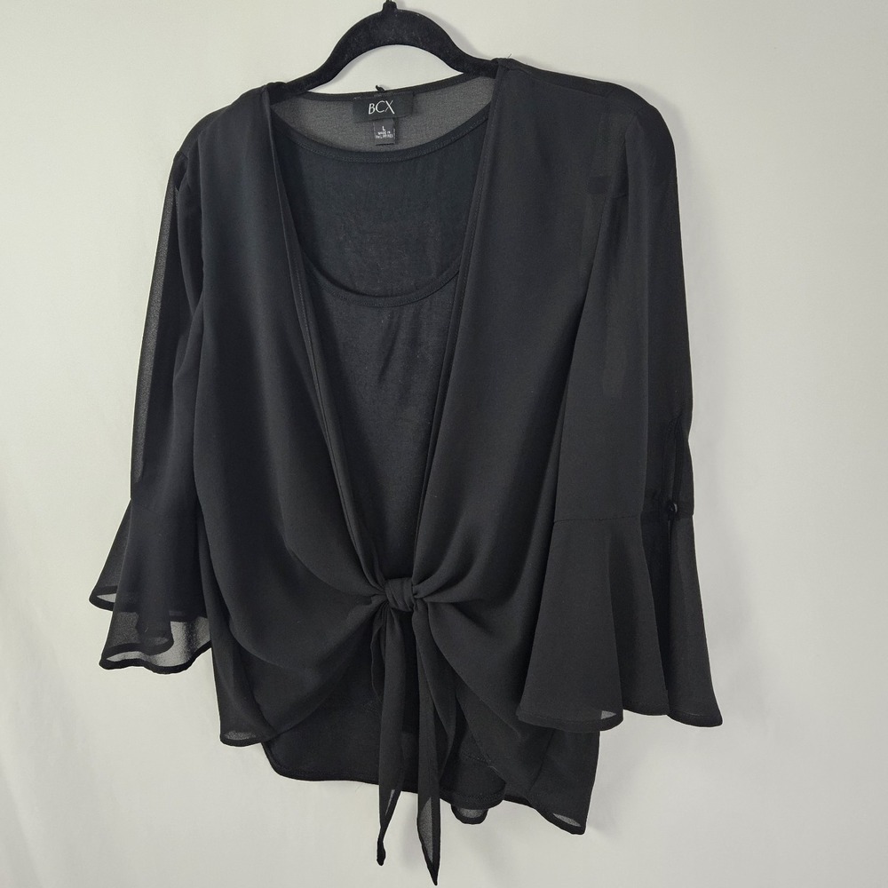 BCX Black Sheer Top Bell Sleeve Blouse Large Tie Front Y2K
